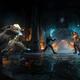 Nightwing and Red Hood beating up some goons from the Court of Owls inside what appears to be an underground crypt.